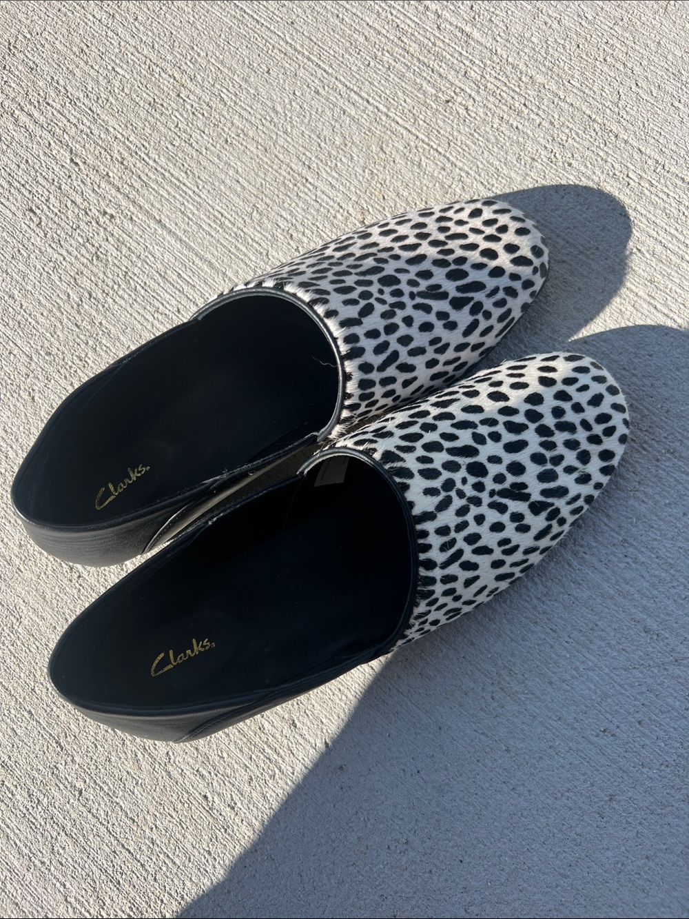 Clarks Women's Black and White Leopard-Print Slip-On Mules